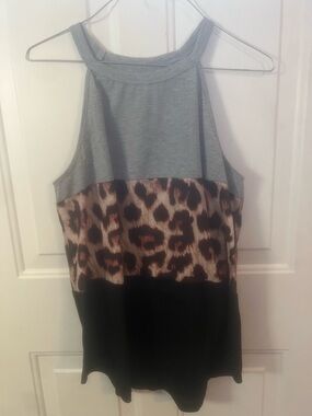 Grey, Leopard & Black Colorblock Sleeveless Tank